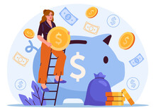 Woman holding a coin stands on ladder inserting it into a large blue piggy bank, with flying money symbols around on a light background. Concept of saving money. Vector illustration