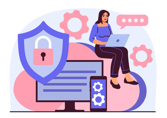 woman using laptop on cloud with shield lock icon, monitor and smartphone below, gears in background