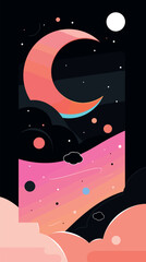 Wall Mural - abstract night sky with crescent moon and colorful cloud patterns flat vector illustration
