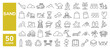 © M Design - Set of 50 line icons related to sand, beach, desert, hills, ground, soil, sandcastle, build material, playground, heap, sand area, Editable stroke. Vector illustration