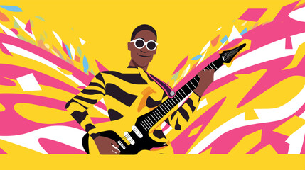 Wall Mural - african male guitarist in vibrant abstract background flat vector illustration