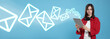 © New Africa - Email message. Teenager using tablet on light blue background, banner design. Envelopes flying out of device