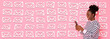 © New Africa - Email message. Happy woman using smartphone on pink background with envelopes, banner design