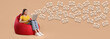 © New Africa - Email message. Young woman using laptop in bean bag chair on beige background, banner design. Envelopes flying out of computer