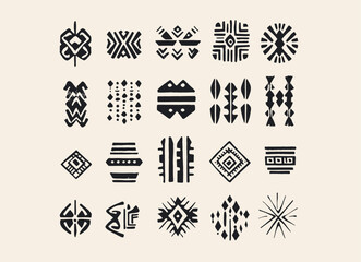 Collection of geometric ethnic decor elements featuring aztec symbols in an ethno tribal style