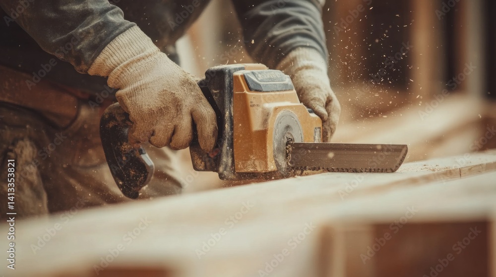 Construction worker using a power saw to cut wooden beams. Featuring ...