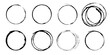 © Natalia - Set of eight circles drawn by hand with brush outline in black paint with jagged uneven edges. Vector illustration of circular prints from cup of coffee, twisted wire.