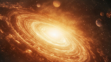 Wall Mural - Galactic scene showing all planets orbiting a massive, radiant sun at the center of a luminous galaxy.