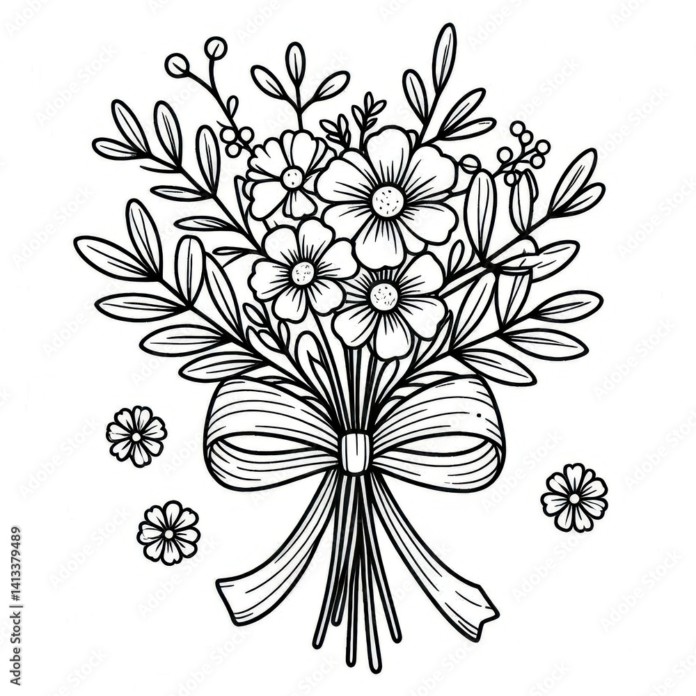 simple-flower-bouquet-coloring-page-with-ribbon-monochrome-line-art