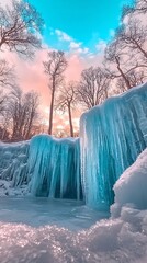 Wall Mural - Frozen ice waterfall, trees, and sunset colors, scenic winter landscape