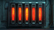 © Another Galaxy - High-tech sci-fi energy core with glowing red panels in industrial futuristic environment with cables and metal walls.