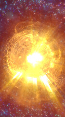 Wall Mural - fiery explosion with golden light particles spreading in a cosmic space. dramatic burst of energy an