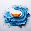© Simon - Orange paper boat on blue paint splash background: creative art concept