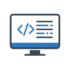 Coding monitor icon displaying code, symbolizing programming, software development, and technology.