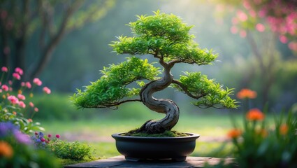 bonsai - a potted ornamental tree or shrub that is deliberately kept small