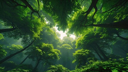 Wall Mural - view of tree tops from below in a green forest