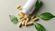 © Holo Frame - Bird's-eye view mockup of a pill and vitamin bottle with green leaves, natural organic dietary supplement, blank space