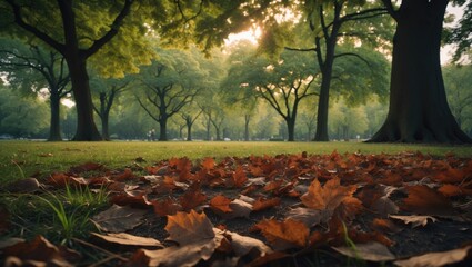 Poster - Park scenery featuring numerous fallen leaves and a backdrop of trees. Nature captured in HDR.