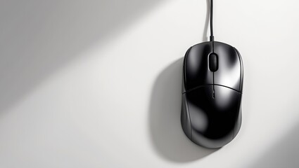 bird's-eye view of a black computer mouse set against a white background