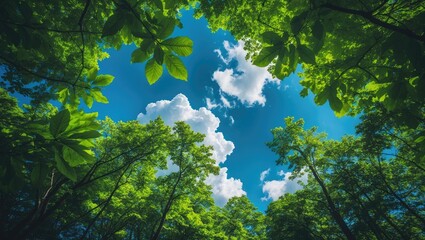 Aufkleber - Observing the white clouds in the blue sky above the lush green trees in the summer woods.