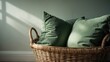 © -Quantum Pixels- - Soft pillows in a wicker basket adjacent to the wall, closeup