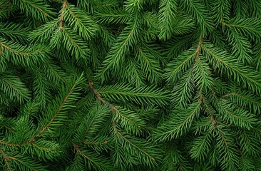 close-up of green pine tree branches with needles forming a textured background.