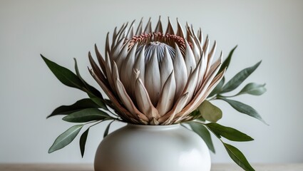 Aufkleber - Round ceramic vase featuring Dry flower Protea on a white background, seen from the front.