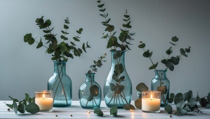 Aufkleber - Glass bottles filled with eucalyptus set on a white surface