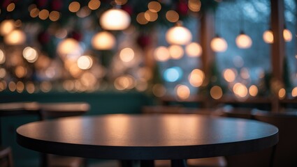 Leinwandbilder - Blurred abstract backdrop featuring an empty wooden table in front of a coffee shop or restaurant for showcasing products or montage.