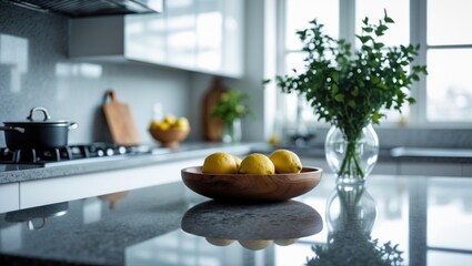 Poster - Blurred background of a bright kitchen with an empty white stone table in focus