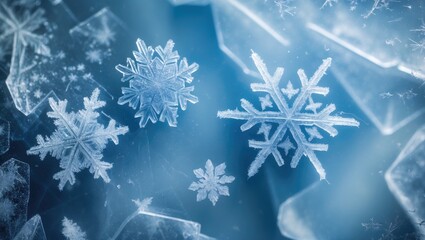 Poster - Embellished blue snowflakes on an icy window glass