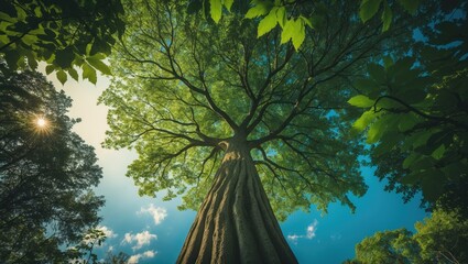 Fototapete - Gazing at a large tree with lush green leaves against a bright blue sky and sunlight on a stunning natural backdrop. Template available for text input. Verdant background, tree outline in the sky.