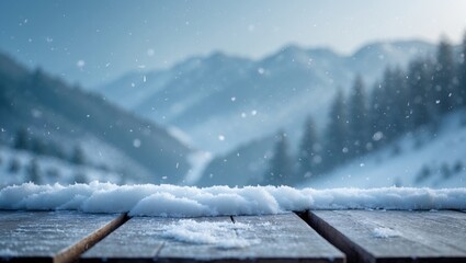 Poster - Table featuring unoccupied space and snowy mountain landscape.