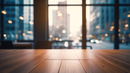 Aufkleber - Empty wooden table with blurred office room and window view backdrop for product display montage or design visual layout.