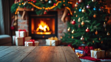 Aufkleber - Empty wooden tabletop against a blurred backdrop featuring a tree, gifts, and a fireplace; available area for your decoration