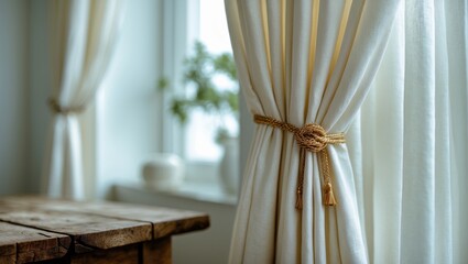 Aufkleber - Table made of wood next to curtained window. Area for design