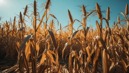 Aufkleber - A large yellow cornfield post-harvest, displaying parched, shriveled corn stalks and grass.