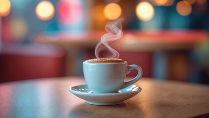 Poster - Wood Table with Espresso Coffee Cup and Bokeh Lighting, Leisurely Lifestyle Idea