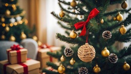 Poster - Christmas tree adorned with decorations in a blurred setting, presents.