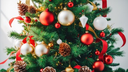 Poster - Christmas tree adorned with vibrant ornaments against a plain background