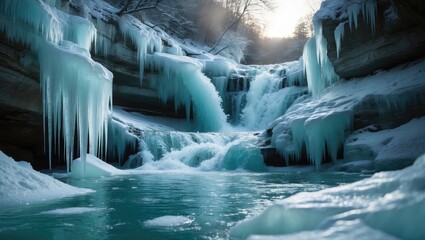 Wall Mural - A frozen waterfall encircled by icicles and ice structures, showcasing the splendor of natural winter artistry with cascading water and crystalline patterns in a tranquil, cold setting.