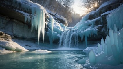 Wall Mural - An ice-covered waterfall bordered by icicles and ice formations, highlighting the beauty of natural winter art with flowing water and crystal-like textures in a serene, chilly environment.