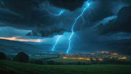 Wall Mural - Stormy view with lightning and dark clouds over villages