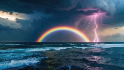 Wall Mural - Ocean tempest with lightning and a rainbow