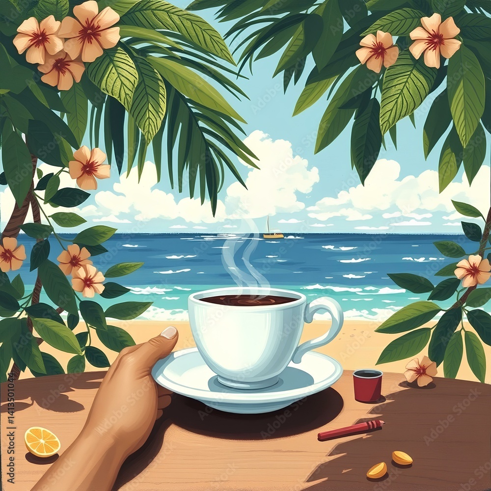 girl on the beach relaxing and holding a cup of coffee. The setting is ...