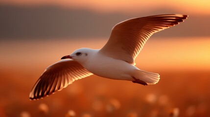Wall Mural - A bird gracefully soars at sunrise, its silhouette framed by vibrant wildflowers in a scenic field. Natures beauty unfolds.