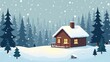 © Yoe Vectors - Cozy Wooden Cabin with Snowy Roof and Glowing Windows in Snow-Covered Pine Forest During a Snowstorm