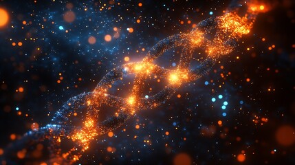 Poster - Illuminated DNA double helix surrounded by sparkling particles showcasing creativity and scientific advancement : Generative AI