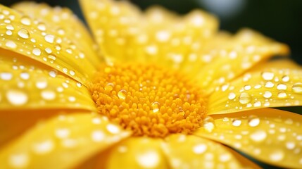 Poster - Vibrant close up of a yellow flower with dew drops shining in natural light highlighting its beauty and freshness : Generative AI