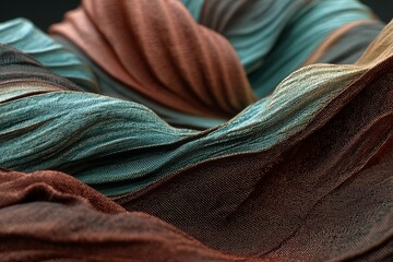 Wall Mural - Close up of textured fabric with waves and folds in shades of teal brown and peach tones style